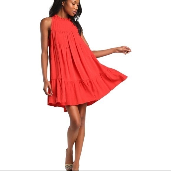 Lulus Dresses & Skirts - Lulus Tier for It Red Tiered Linen Halter Mini Dress Ruffled Casual Party Resort